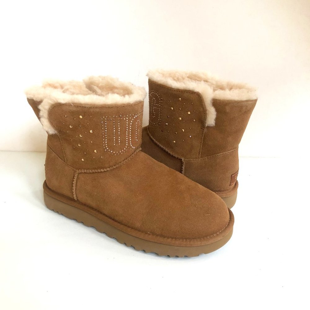 UGG CLASSIC MINI GEM CRYSTAL & METALLIC STUDS CHESTNUT BOOTS